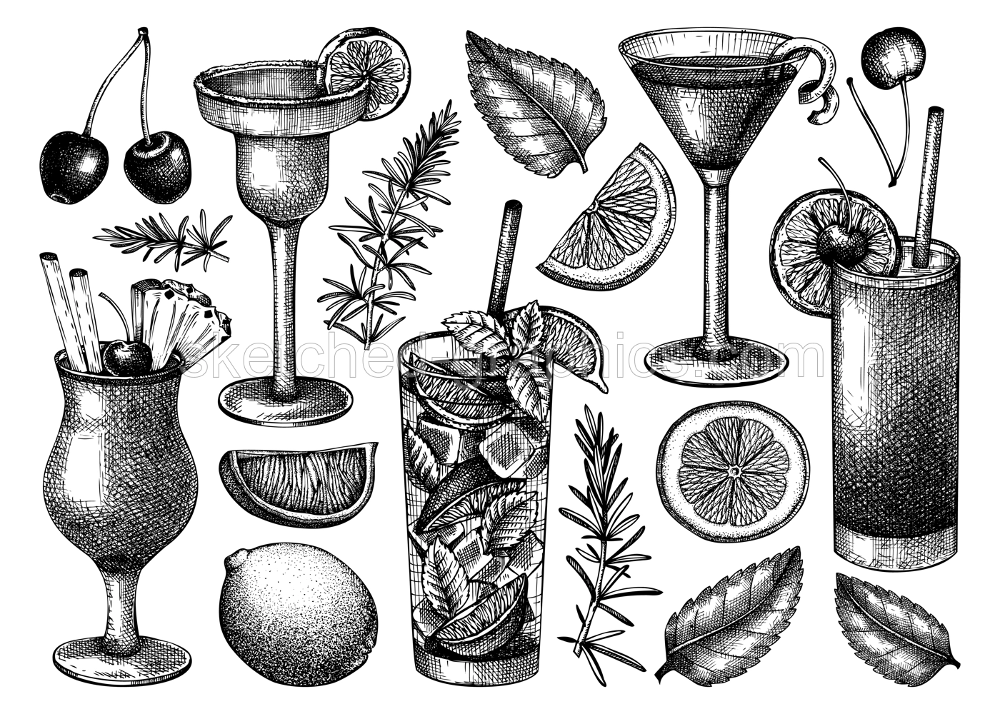 Alcoholic cocktails set. Glass of margarita, mojito, Pina colada, cosmopolitan, tequila sunrise. Hand-sketched cocktails engraved drawings. Vector drinks illustration Illustration